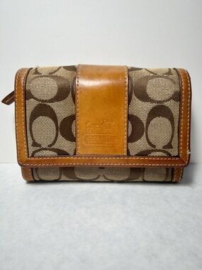 VTG Coach Signature Canvas Compact Wallet With Tan Leather Trim